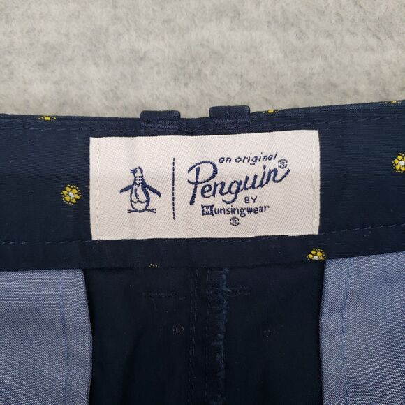 Original‎ Penguin Chino Shorts Mens 31 Slim Navy Blue Yellow Flowers Summer - Picture 3 of 6